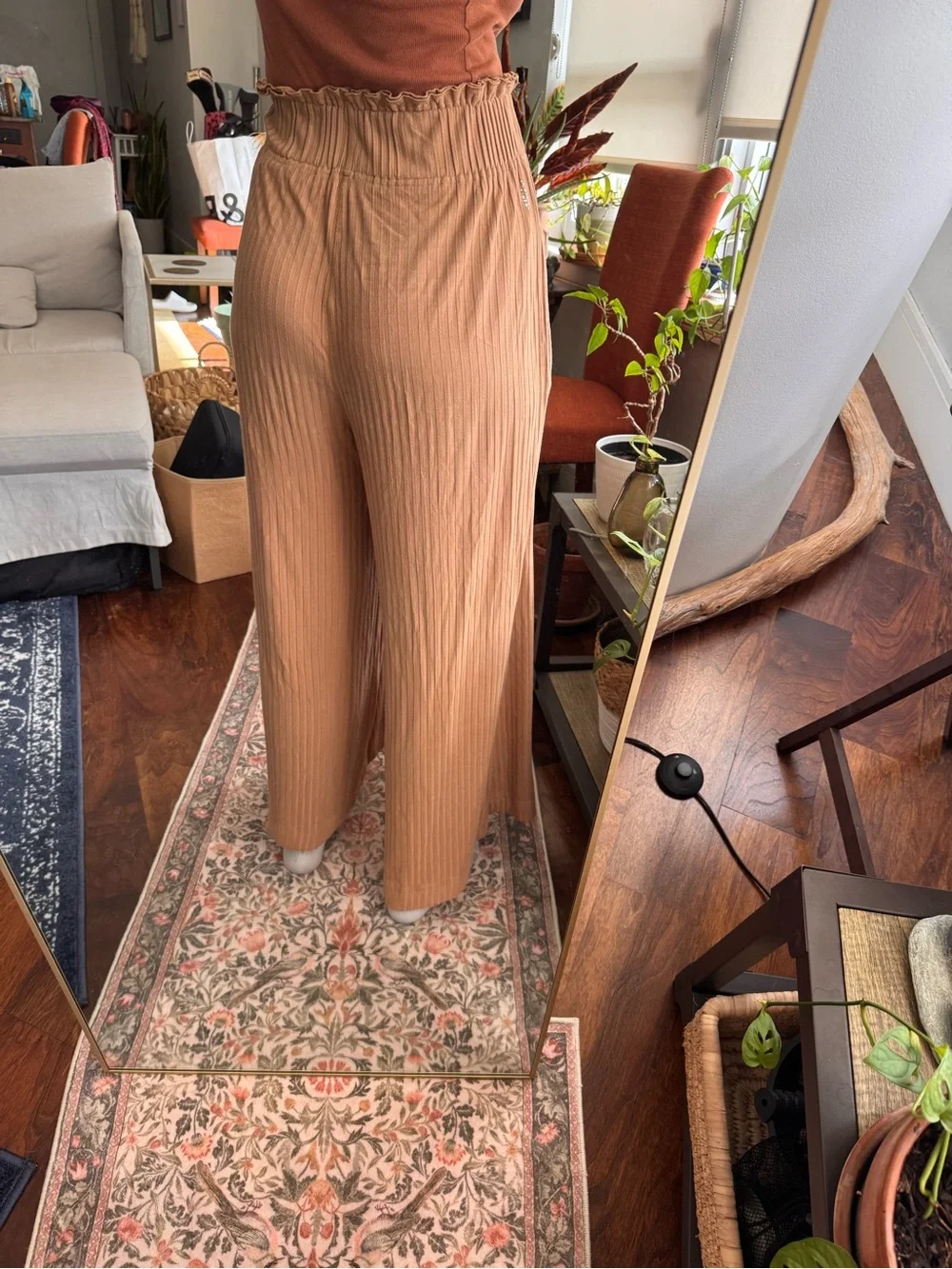 Free People Women's Brown Ribbed Cotton Wide-Leg High Rise Pull On Pants S